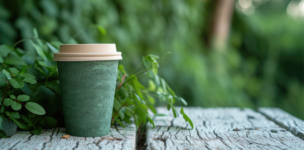Coffee cup siting on wooden bench in garden